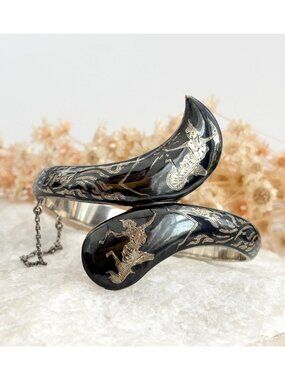 Siam Sterling Silver Bypass Style Hinged Nielloware Thai Made Vintage Bracelet